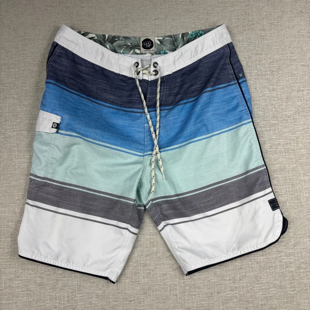 Rip Curl Surf Craft Mens Blue Striped Board Shorts Size 31 Swim Trunks Pocket